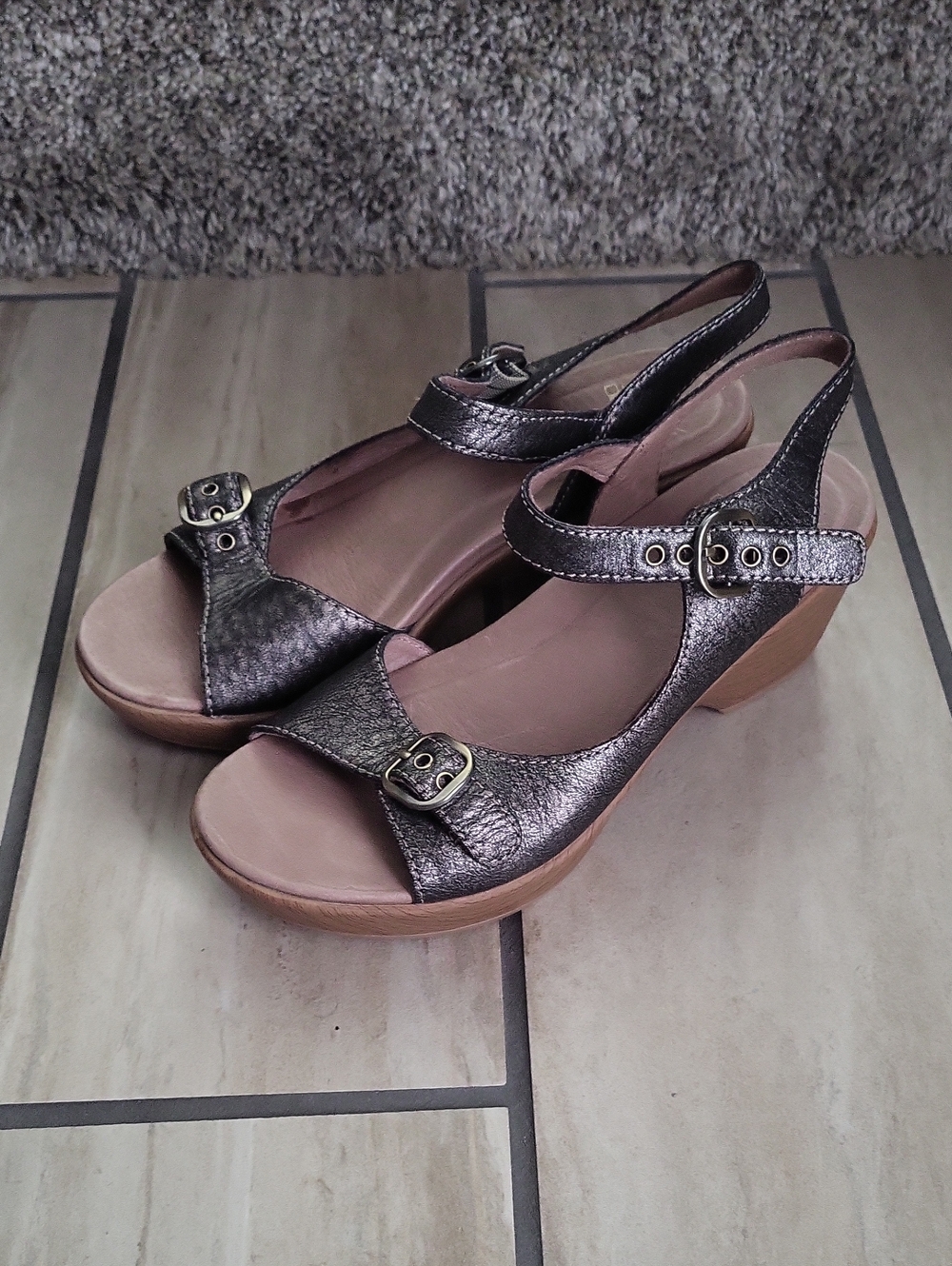 Dansko Metallic Pewter Slingback Wedge Sandals